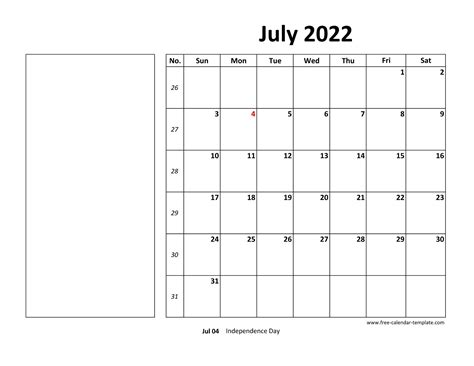 Printable July 2022 Calendar Box And Lines For Notes Free Calendar