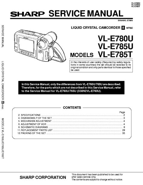 Sharp Vl E780u Vl E785u Vl E785t Camcorder Service Manual Download
