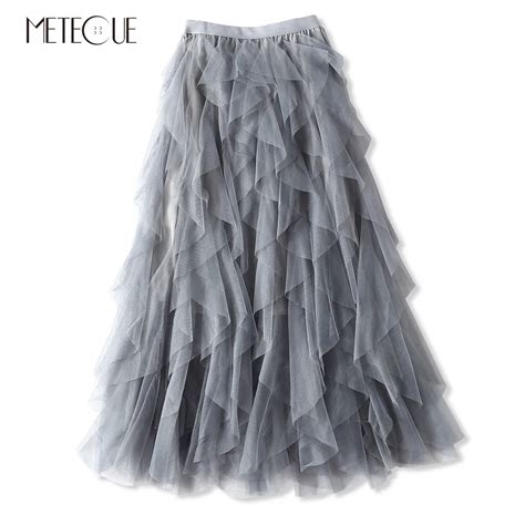 Sweet Multi Layer Mesh Stitching Women Tulle Skirt Elastic High Waist Pleated Skirt Midi Women