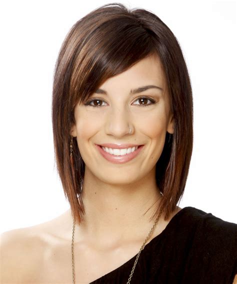 Short Straight Chocolate Brunette Hairstyle With Side Swept Bangs
