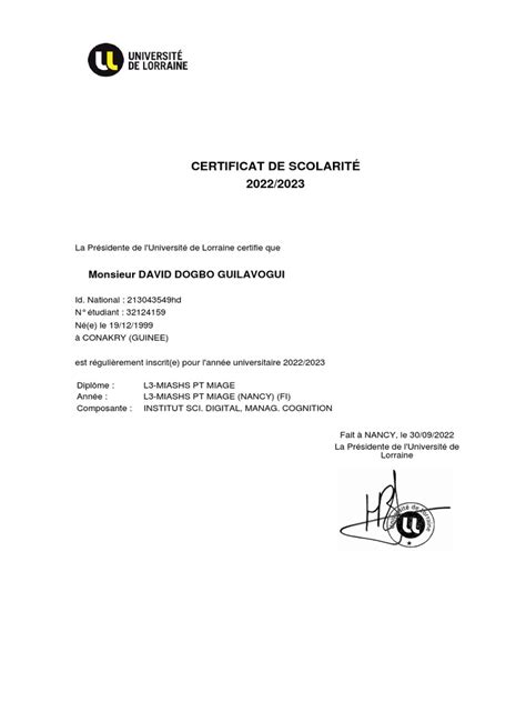 Certificat De Scolarité 5winme 2022 2023 David Dogbo Guilavogui Pdf