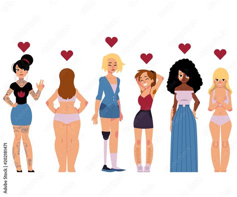 Body Positive Concept Set With Young Beautiful Women With Different Features Of Appearance