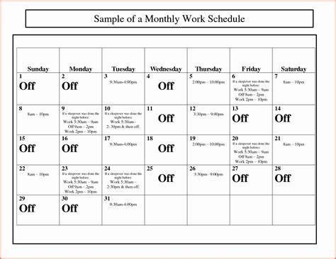 Free Monthly Schedule Template Fresh Monthly Work Schedule Template
