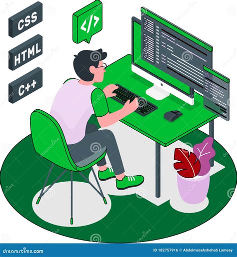 Student Programming On Computer Doing Coding Work Stock Vector