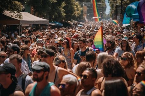 Una Multitud De Personas En Un Desfile Con Una Bandera Del Arco Iris En