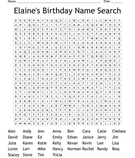 Elaines Birthday Name Search Word Search Wordmint