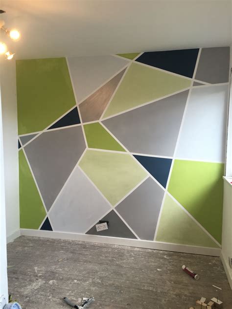 Geometric Painted Wall Grey Silver Powder Blue Apple Green And Lime