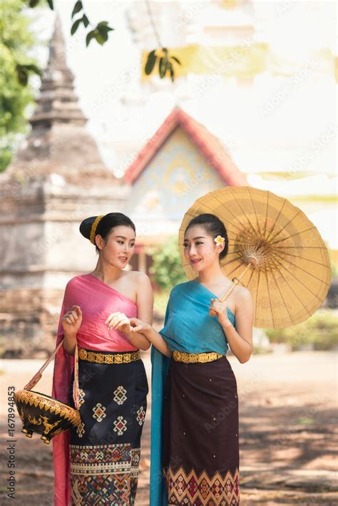 Beautiful Laos Girls In Traditional Lao Traditional Dress Are Standing
