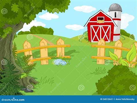Idyllische Bauernhof Landschaft Vektor Abbildung Illustration Von