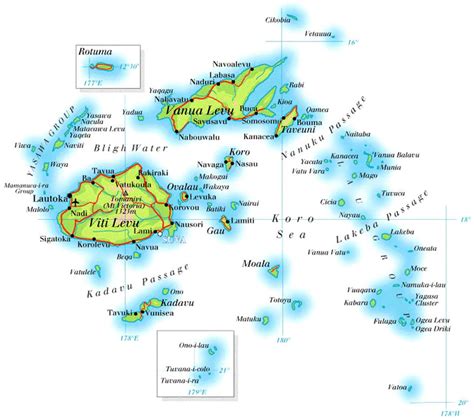 Detailed Physical Map Of Fiji With Roads And Cities