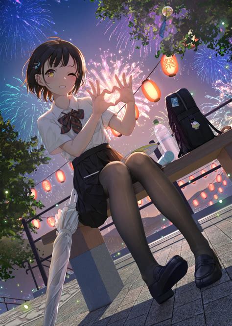 Himitsu Hi Mi Tsu Hina Saori Himitsu Copyright Request Highres Girl Fireworks