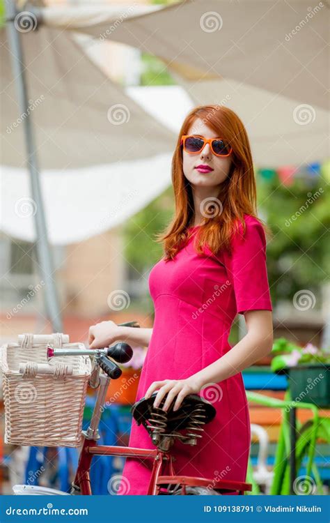 Redhead Girl In Sunglasses With Bike In City Stock Image Image Of