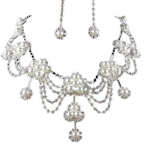 Womens Luxury Rhinestone Faux Pearl Necklace Earring Jewelry Set