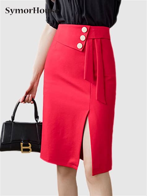 High Waist Button Skirts Womens Spring Summer Slim Package Hip Skirts Elegant Front Split Office