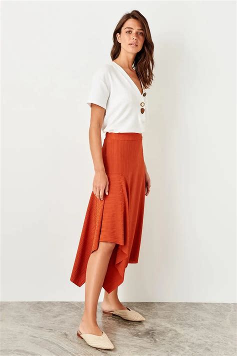 Trendyol Cinnamon Asymmetrical Knitted Skirt Twoss19ve0001 In Skirts