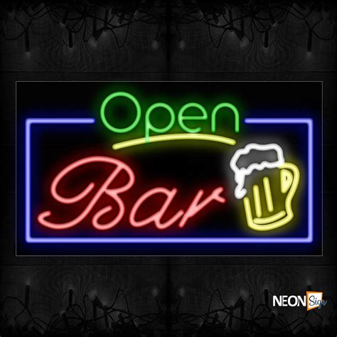 Open Bar With Blue Border And Beer Mug Neon Sign