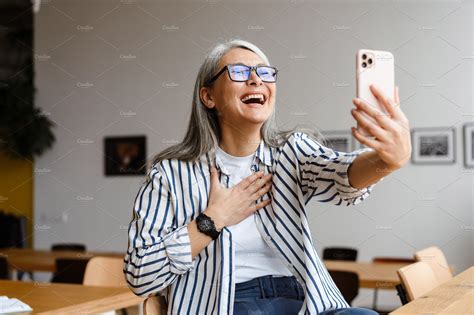 Cheerful Woman Laughing And Taking Selfie Photo On Cellphone People