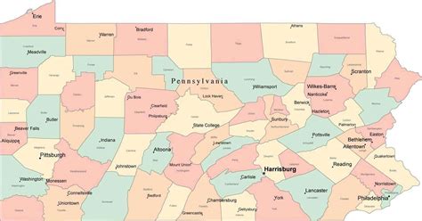 Multi Color Pennsylvania Map With Counties Capitals And Major Cities