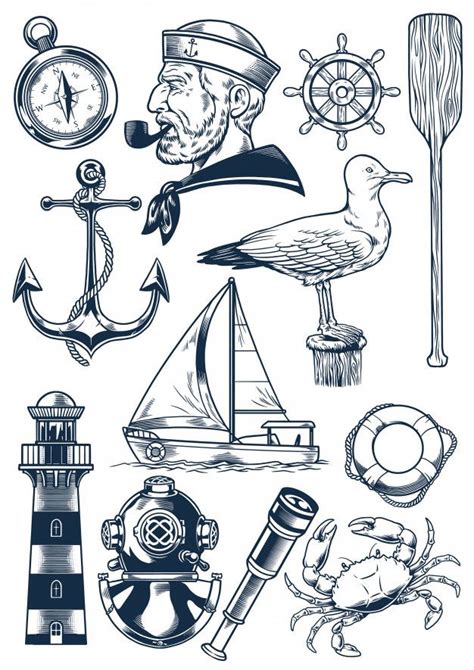 premium vector nautical object set in vintage engraving style nautical tattoo nautical