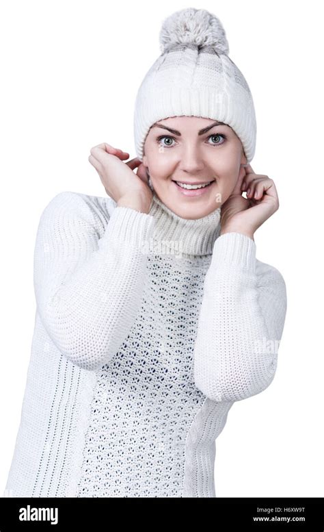 Woman In White Sweater And Hat Stock Photo Alamy