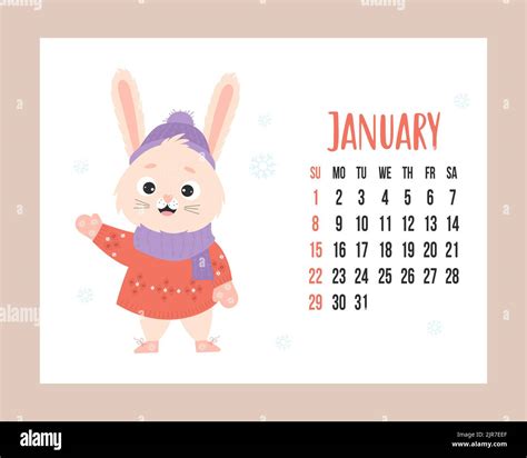 January 2023 Calendar Cute Winter Bunny In Knitted Clothes On White