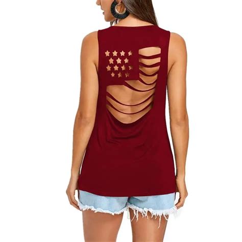 Summer Fashion Women T Shirts Back Stars Stripes Hollow Out Sexy Vest Solid Color Sleeveless Top