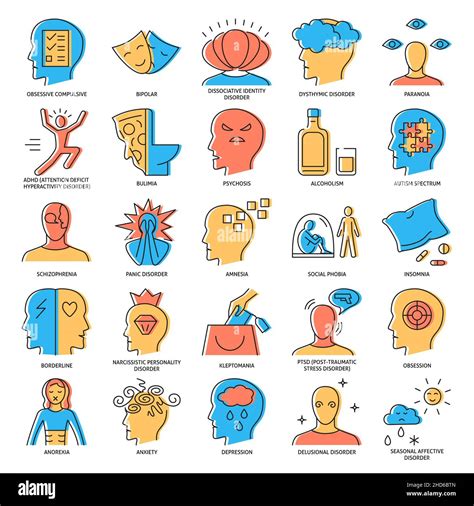 Mental Disorders Icon Set In Colored Line Style Psychological Problems