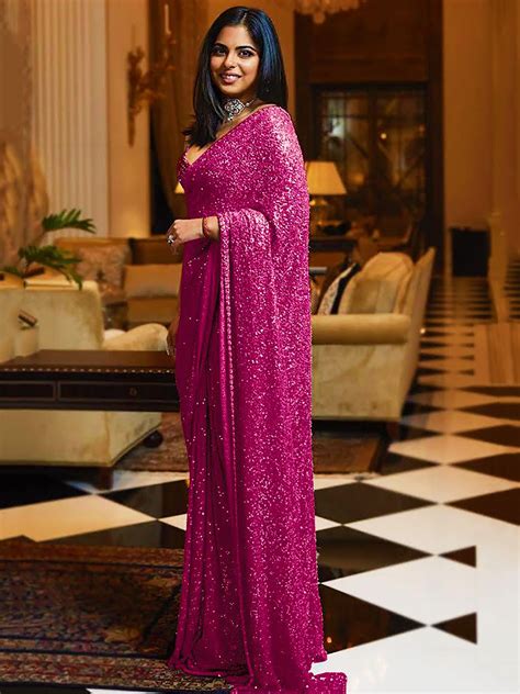 Isha Ambani Sabyasachi Pink Sequins Georgette Party Wear Saree With