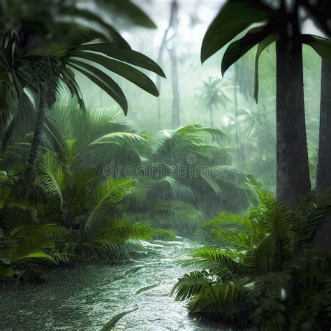 Heavy Rain Over Lush Green Foliage In Tropical Jungle Stock