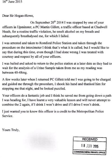 Drunk Driver Writes Thank You Letter To Upminster Officer Who