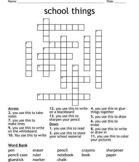 School Things Crossword Wordmint