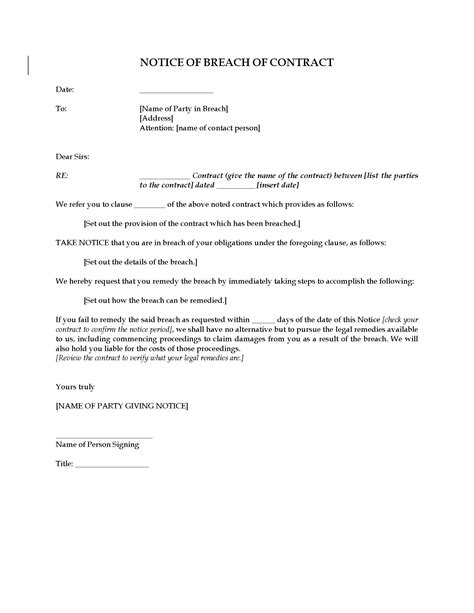 Notice Of Breach Of Contract Legal Forms And Business Templates