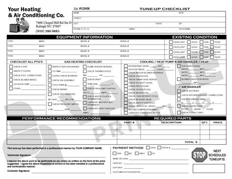 Hv 1021 Hvac Tune Up Work Order Checklist Value Printing