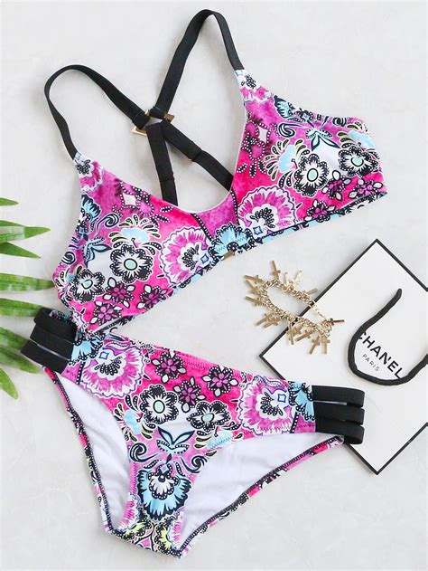 Hot Pink Floral Print Ladder Cutout Bikini Set Bikinis Swimwear