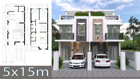 Home Design Plan 5x15m Duplex House With 3 Bedrooms Front