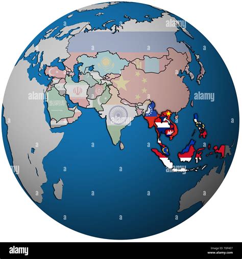 Asean Member Countries With Territories And Flags On Political Map Of