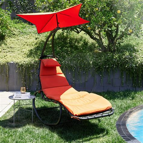Belleze Outdoor Hanging Chaise Lounge Chair Swing Curved Cushion Seat Hammock With Canopy Sun