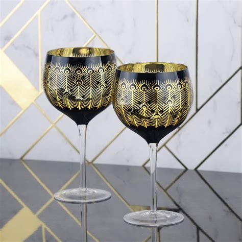 Artland Midnight Peacock Gin Glasses Gold And Black Set Of 2 700ml Capacity Per Glass