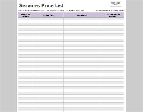 list template  service price   service price