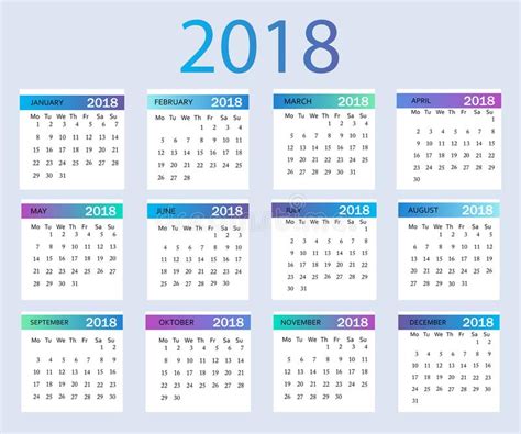 2018 Year Calendar Vector Template Graphic Line Simple Style Stock