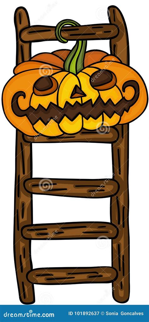 Halloween Pumpkin Hanging In Wooden Ladder Stock Vector Illustration