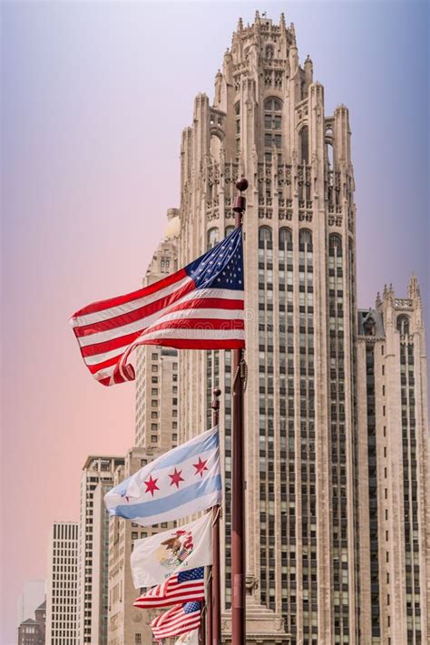 American Flags By Chicago Tower Stock Photo Image Of City
