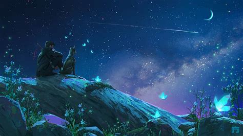 Hd Wallpaper Anime Boys Anime Landscape Night Sky Dog Chin Fong