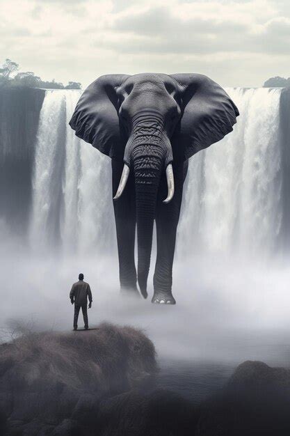 C è un uomo in piedi di fronte a un gigantesco elefante generativo ai