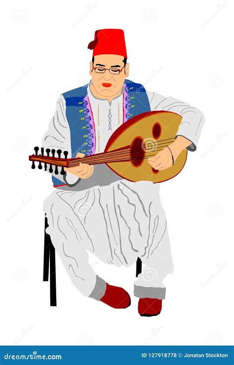 Arab Man Play Oud Lute Or Mandola Vector Illustration Traditional