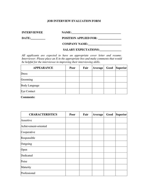 Printable Interview Evaluation Form Doc Templates Fillable Samples