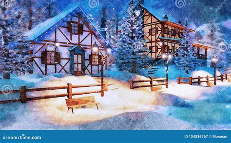 Mountain Village At Snowy Winter Night Watercolor Stock Image Image