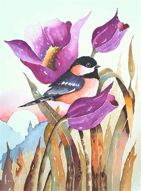 Watercolor Bird And Flower Painting Early Bird Landscape Painting