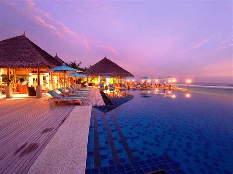 Wallpaper Maldives Resort Night Lights Pool Sea