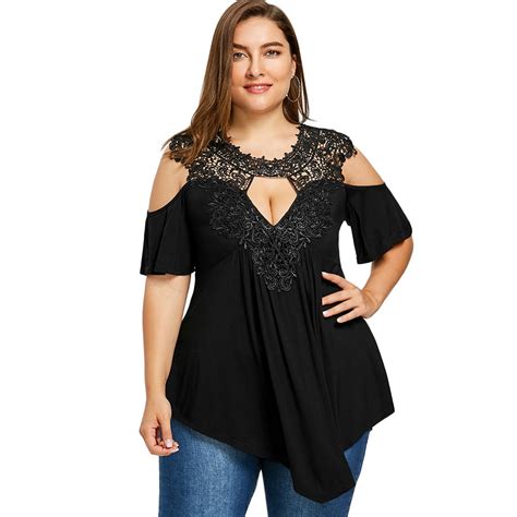 gamiss plus size keyhole neck cold shoulder t shirt black summer casual half sleeves lace long